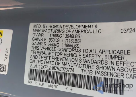 2024 Honda Civic Sport z USA, uszkodzony, nr VIN 19XFL2H87RE023724